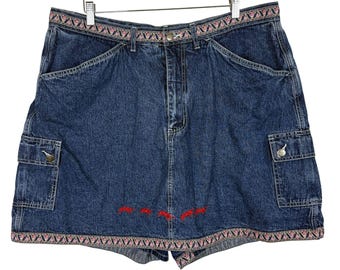 Falda pantalón cargo vaquera de talla grande Vtg Basic Editions, talla 22W, con ribete bordado de hormigas rojas.