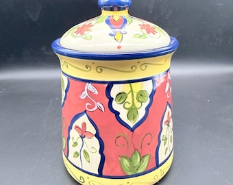 Pier 1 Imports Vallarta 手描きセラミックキャニスター 8インチ 小型 ブルー フィニアル蓋