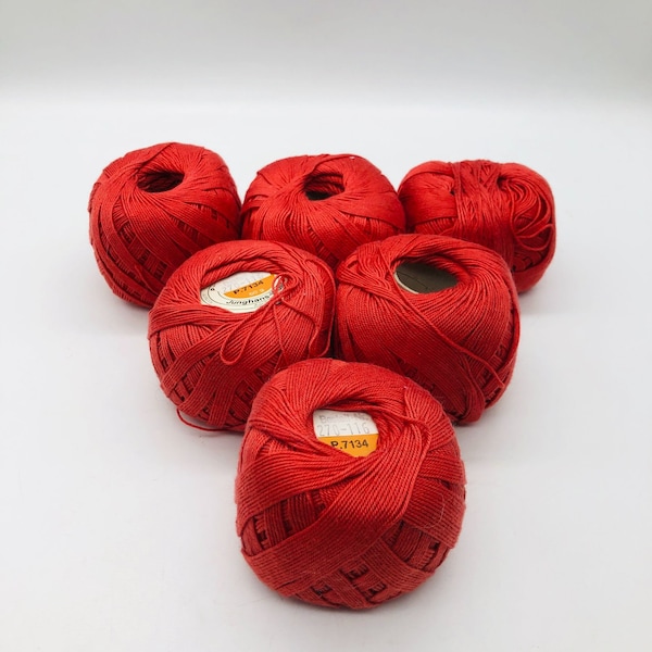 Junghans-Wolle German Yarn 50 Grams Mercerized Cotton Red 6 Skeins Balls