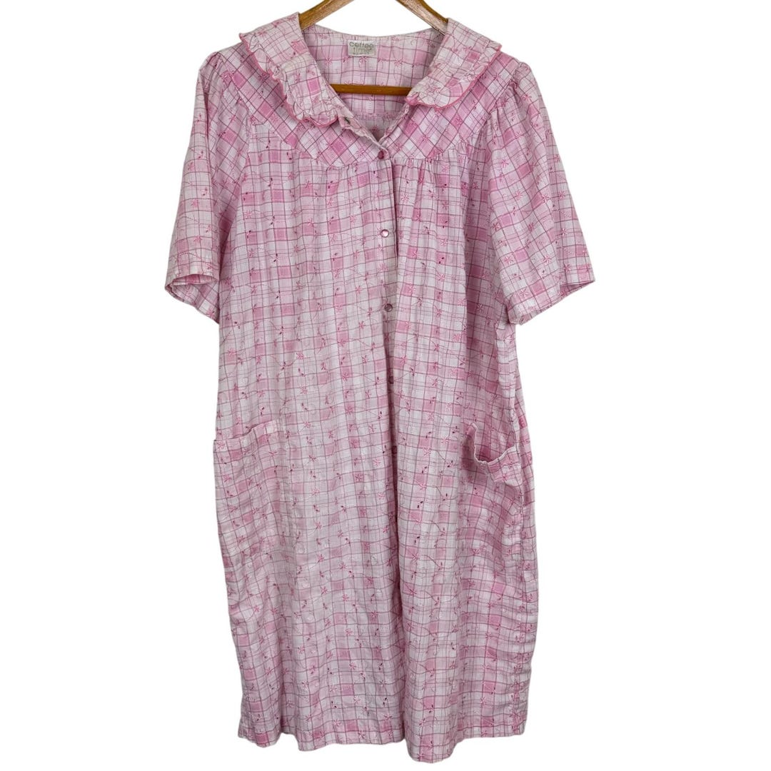 Pink Robe Coffee Vintage Coffee Time House Coat Robe 2X Pearl Snap Pink Plaid Floral ...