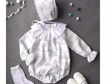 Toile de Jouy romper and hood set. Romper and bonnet set with Toile de Jouy print