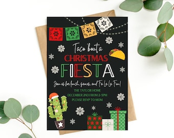 May include: A black chalkboard style Christmas party invitation with colorful Mexican paper flags, a cactus with lights, and a taco. The text reads "Taco bouta Christmas Fiesta" and "Join us for lunch, games, and Fa La La Fun!" The Taylor Home, December 2nd from 2-5pm. Please RSVP to Mom.