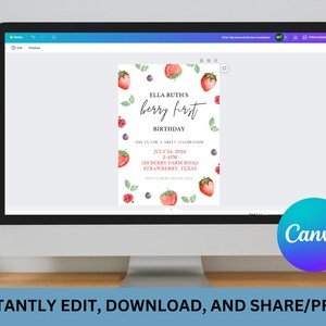 Puede incluir: Una invitaci&oacute;n digital para una fiesta de primer cumplea&ntilde;os con tem&aacute;tica de fresa. La invitaci&oacute;n presenta una ilustraci&oacute;n de acuarela de fresas, ar&aacute;ndanos y hojas. El texto dice "Ella Ruth's Berry First Birthday" e incluye la fecha, la hora y la ubicaci&oacute;n de la fiesta.