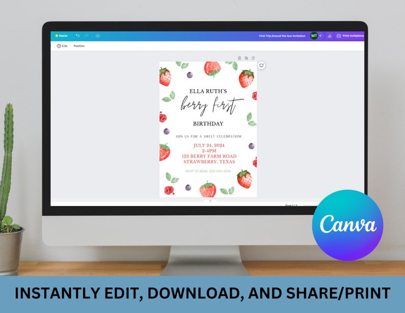 Puede incluir: Una invitaci&oacute;n digital para una fiesta de primer cumplea&ntilde;os con tem&aacute;tica de fresa. La invitaci&oacute;n presenta una ilustraci&oacute;n de acuarela de fresas, ar&aacute;ndanos y hojas. El texto dice "Ella Ruth's Berry First Birthday" e incluye la fecha, la hora y la ubicaci&oacute;n de la fiesta.