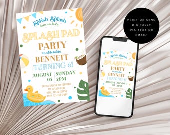 May include: A printable invitation for a splash pad party to celebrate Bennett turning 6. The invitation features a yellow rubber duck, a blue and yellow beach ball, a coconut, and a sun. The invitation is designed to be printed or sent digitally via text or email.