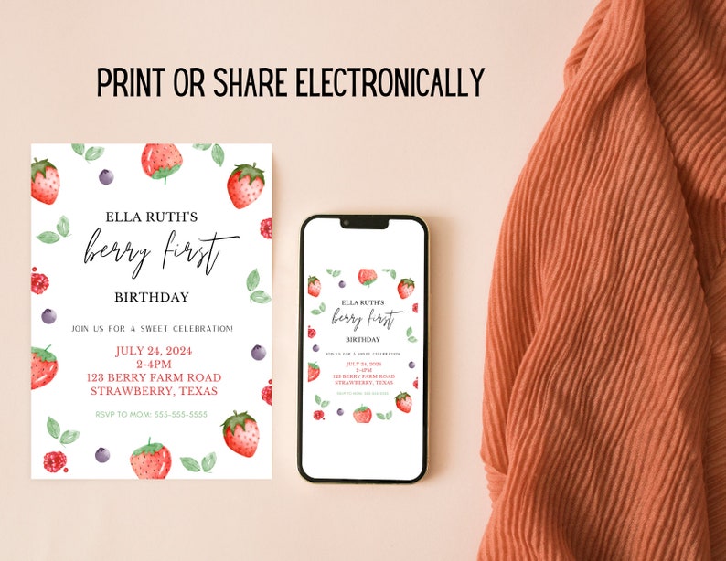 Puede incluir: Una invitaci&oacute;n imprimible para una fiesta de primer cumplea&ntilde;os con tem&aacute;tica de bayas. La invitaci&oacute;n presenta una ilustraci&oacute;n de acuarela de fresas, ar&aacute;ndanos y frambuesas. El texto de la invitaci&oacute;n dice: "Ella Ruth's berry first birthday. Join us for a sweet celebration. July 24, 2024, 2-4pm, 123 Berry Farm Road, Strawberry, Texas. RSVP to Mom: 555-555-5555."