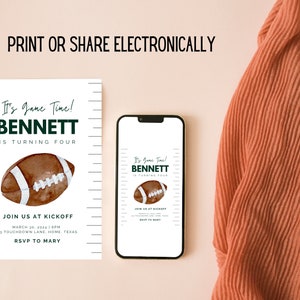 May include: A printable invitation for a football-themed birthday party. The invitation features a watercolor illustration of a football and the text "It's Game Time! Bennett is turning four. Join us at kickoff March 30, 2024 6PM 123 Touchdown Lane, Home, Texas RSVP to Mary"