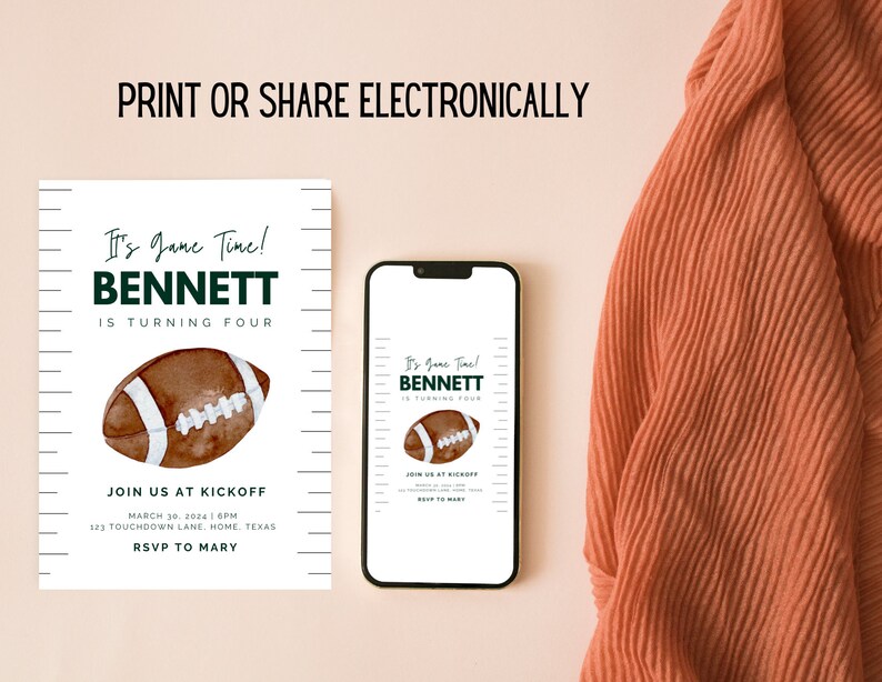May include: A printable invitation for a football-themed birthday party. The invitation features a watercolor illustration of a football and the text "It's Game Time! Bennett is turning four. Join us at kickoff March 30, 2024 6PM 123 Touchdown Lane, Home, Texas RSVP to Mary"