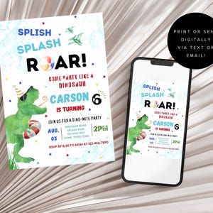 Dinosaur Splash Pad Birthday Invitation – Editable Canva Template | Pool Party Invite | Instant Download