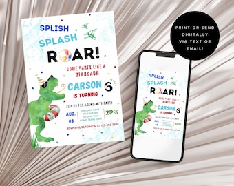 Dinosaur Splash Pad Birthday Invitation – Editable Canva Template | Pool Party Invite | Instant Download