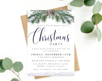 Könnte beinhalten: Eine Weihnachtsparty-Einladung mit festlichem Design. Die Einladung zeigt eine Aquarellillustration von Kiefernzweigen, Tannenzapfen und Beeren. Der Text lautet "Join us and be merry for a Christmas party". Die Einladung enthält Eventdetails.