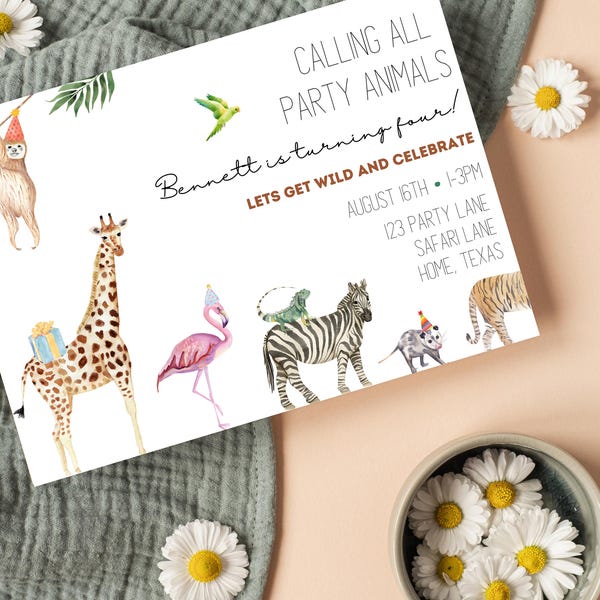 Tiere Geburtstagseinladung für Tier-Party-Tier-Einladung bearbeitbares digitales Party-Tier einladen