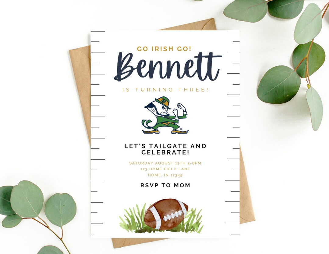 Notre Dame Birthday Invitation Irish Invite for Football Etsy