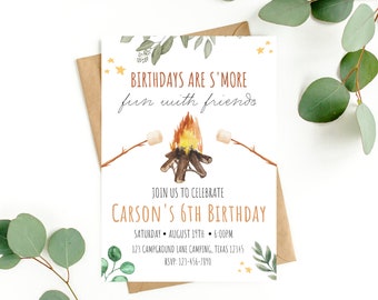 Smores Birthday Invite for Camping Birthday Invitation Editable Outdoors Camping Invite for Kids Birthday Invitation Editable Digital