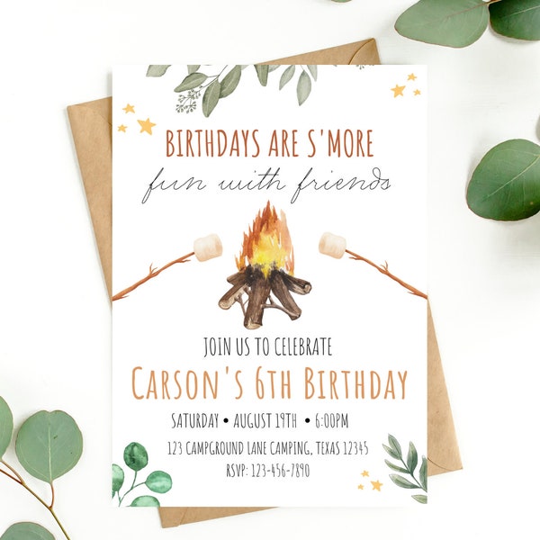 Smores Birthday Invite for Camping Birthday Invitation Editable Outdoors Camping Invite for Kids Birthday Invitation Editable Digital