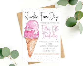 Ice Cream Birthday Invitation for Sundae Party Fun Birthday Invite with Ice Cream Editable Digital Ice Cream Invite Sundae