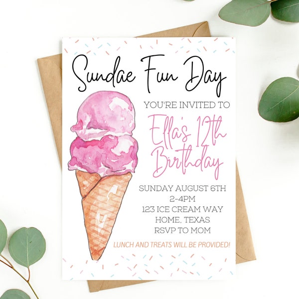 Ice Cream Birthday Invitation for Sundae Party Fun Birthday Invite with Ice Cream Editable Digital Ice Cream Invite Sundae