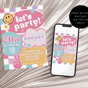 Editable Checkered Smiley Face Birthday invite, Teen Birthday, Groovy Retro birthday, Emoji invitation, Tween Party, Any Age Girl Birthday