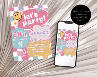 May include: A pink and blue birthday party invitation with a checkered background. The invitation says "Let's Party!" and features a smiley face, peace sign, and the text "Ella is turning 10". The invitation also includes the date and time of the party, as well as the address and RSVP information.