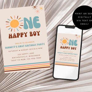 One Happy Boy Birthday Invitation - Digital Invite for First Birthday Printable Editable Template