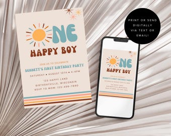Eine glückliche Jungen-Geburtstagseinladung - Digitale Einladung zum ersten Geburtstag druckbare bearbeitbare Vorlage