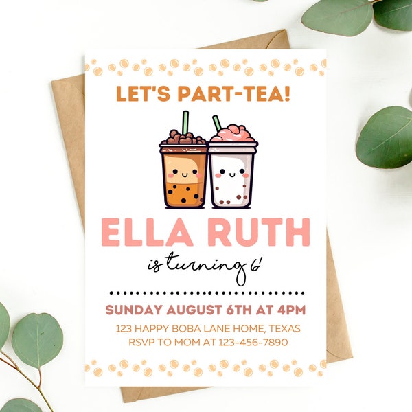 Faire-part d'anniversaire Boba Faire-part Boba Tea Party pour amateur de thé Boba Inviter une partie de thé Boba Faire-part d'anniversaire pour filles Anniversaire modifiable