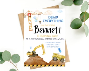 Construction Birthday Invitation for Boy Birthday Second Birthday Invite for Construction Party Invite Editable Digital Dump Truck Tractor