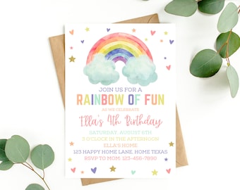 May include: A colorful rainbow birthday invitation with a watercolor design. The invitation features a rainbow with clouds, stars, and hearts. The text reads "Join us for a Rainbow of Fun as we celebrate Ella's 4th Birthday. Saturday, August 6th, 3 o'clock in the afternoon, Ella's Home, 123 Happy Home Lane, Home Texas, RSVP to Mom: 123-456-7890."