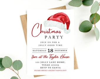 May include: A Christmas party invitation with a watercolor illustration of a Santa hat. The invitation reads "Christmas Party", "Join us for a jolly good time", "Saturday 18 December", "7pm at the Taylor House", "123 Jolly Lane Home, Texas 123456", "RSVP to Santa", and "Please bring a secret Santa gift".