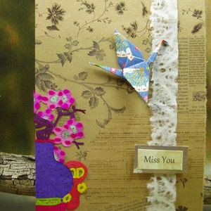 Miss You Card / Origami Crane y Rice Paper Cut Card / Hand Made Vintage Style Card / Art Card