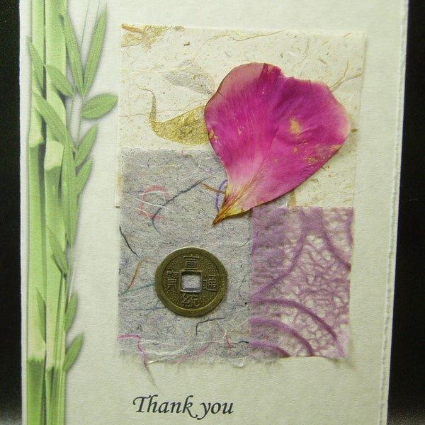 Hand Made THANK YOU Card, with Lucky Bamboo, Fortune Coin, Natural Flower, Hand Made Papers