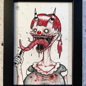May include: A watercolor painting of a demonic clown with red hair, horns, and a large, open mouth with a long, bloody tongue. The clown is wearing a white collar and a dark dress with a white lace trim. The painting is set against a white background with splatters of red paint.