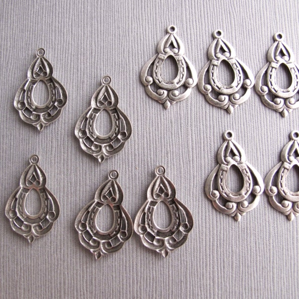 10pcs Oxidized Sterling Silver Plated Brass Lucky Horse Shoe Pendants 16 x 25mm - CB-52VPSB-117-D