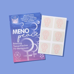 May include: A purple and pink pouch with the text "MENO peace" and "Balancing Topical Patches For Menopause". The pouch contains 15 topical patches. The pouch is next to a sheet of 6 small, square, beige patches with a pink female symbol on each.