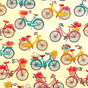 May include: A repeating pattern of colorful bicycles with flower baskets. The bicycles are in various colors, including red, yellow, blue, and pink, set against a light yellow background. Each bike has a basket filled with flowers.