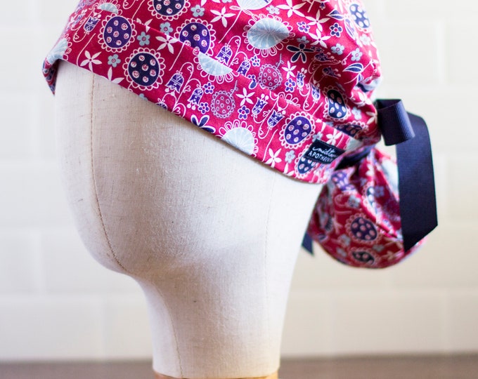 Womens Red and Blue Floral Ponytail Scrub Cap