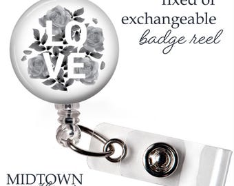 Love Grey Floral Badge Reel or Exchangeable Topper