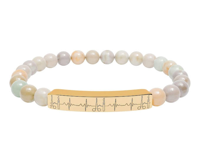 Natural Stone Stretch Bracelet, Engraved 316L Stainless Steel Bar, Boho Jewelry