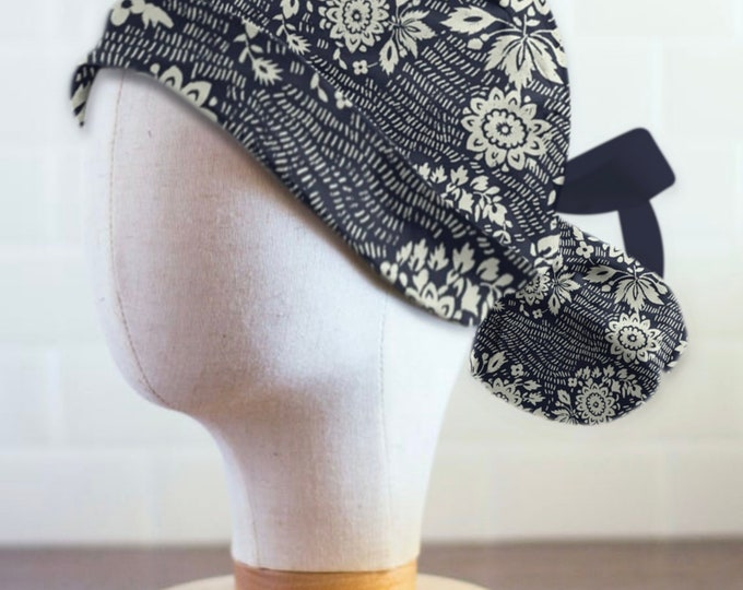 Womens Floral Stamp Ponytail Scrub Cap