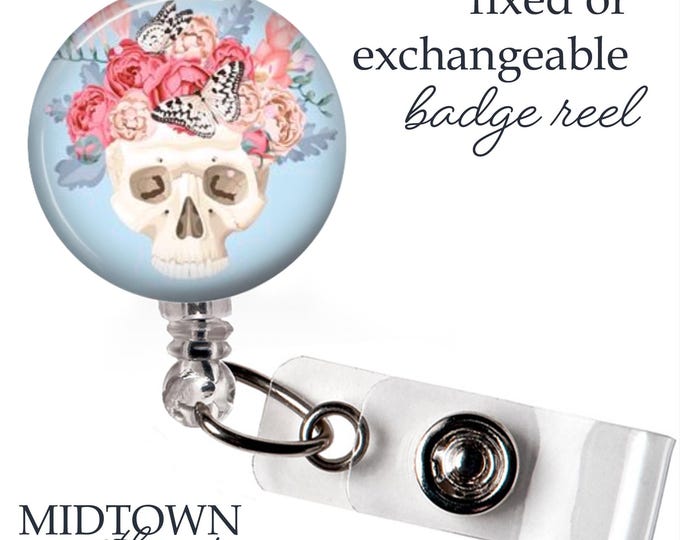Floral Skull Badge Reel or Exchangeable Topper