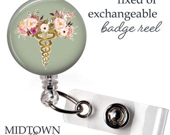 Floral Caduceus Badge Reel or Exchangeable Topper