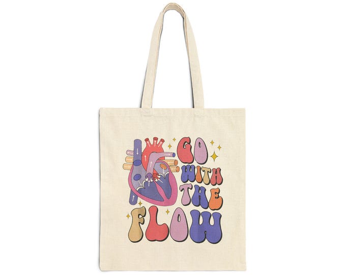 Go With The Flow Cotton Canvas Tote Bag, Eco-Friendly Bag, Boho Tote, Gift for Friends, Beach Bag, Shopping Tote