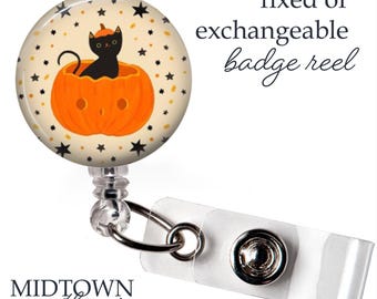 Halloween Cat Badge Reel or Exchangeable Topper