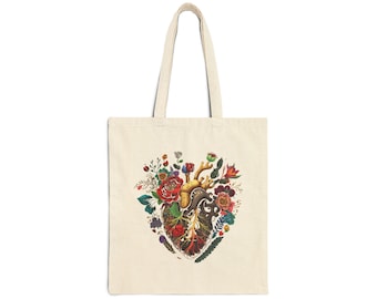 Boho Floral Heart Cotton Canvas Tote Bag, Eco-Friendly Shopping Bag, Gift for Her, Art Tote, Beach Bag, Festival Tote