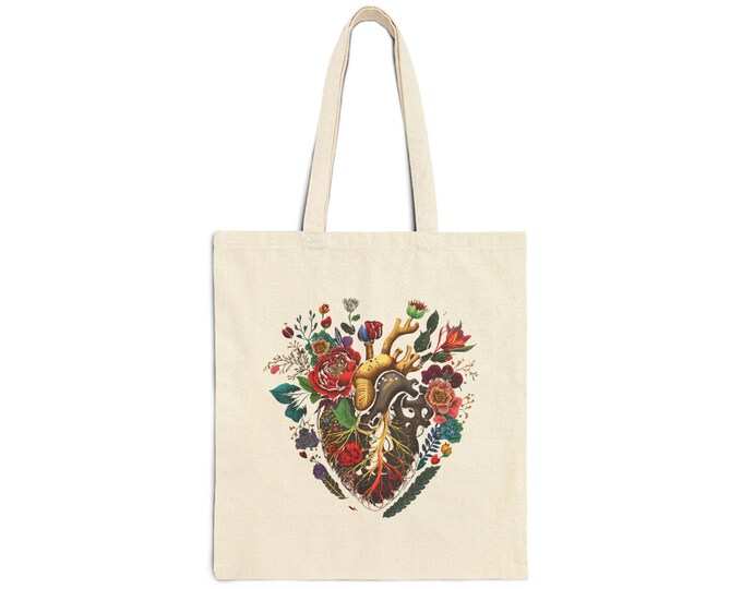Boho Floral Heart Cotton Canvas Tote Bag, Eco-Friendly Shopping Bag, Gift for Her, Art Tote, Beach Bag, Festival Tote