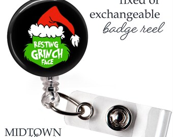Resting Grinch Face Badge Reel or Exchangeable Topper
