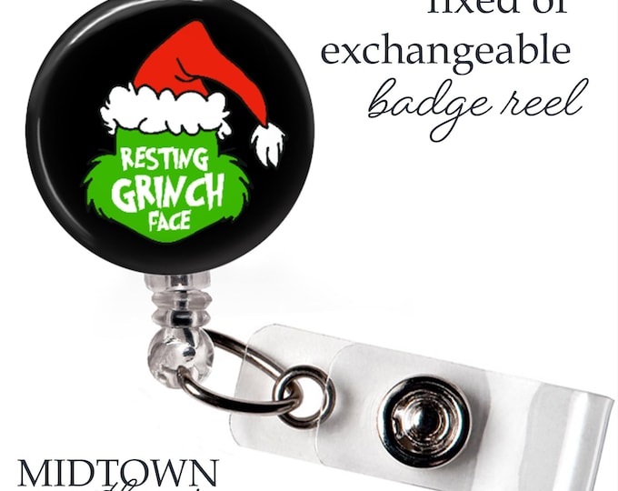 Resting Grinch Face Badge Reel or Exchangeable Topper
