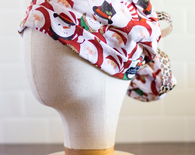 Womens Santa with Cheetah Grosgrain Ribbon Ponytail Scrub Cap