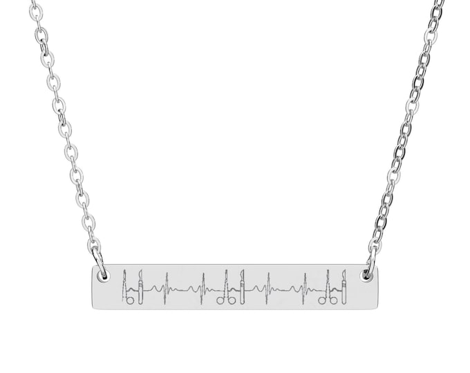 Engraved Surgery Tools Stainless Steel Horizontal Bar Necklace