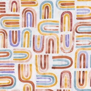 May include: A white background with a repeating pattern of colorful rainbow arches. The arches are in shades of blue, yellow, orange, brown, and purple.